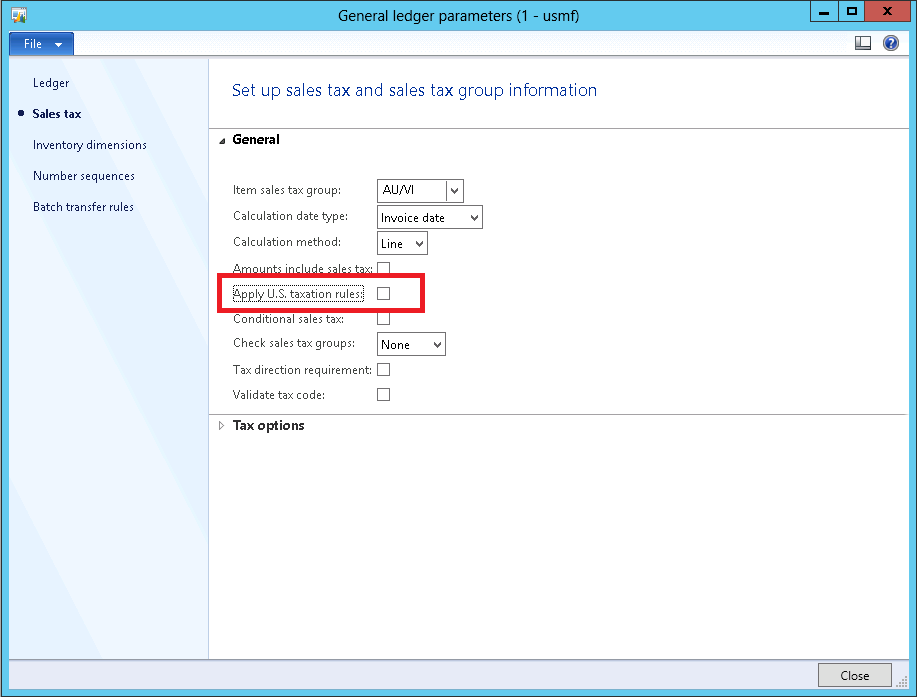 General ledger parameters