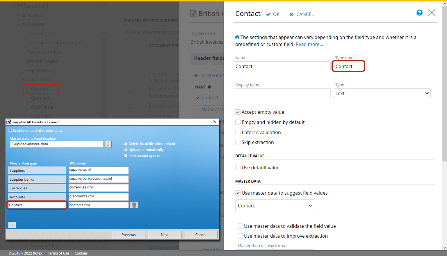 The Type name connects the field to the master data