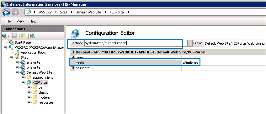 Authentication mode (IIS settings)