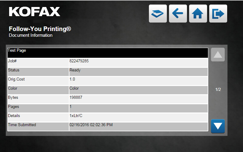 Follow-Me Printing Document Information screen