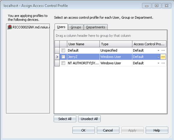 Users list in the Assign Access Control Profile dialog box