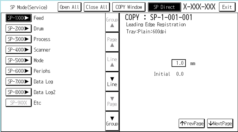 SP mode service options screen