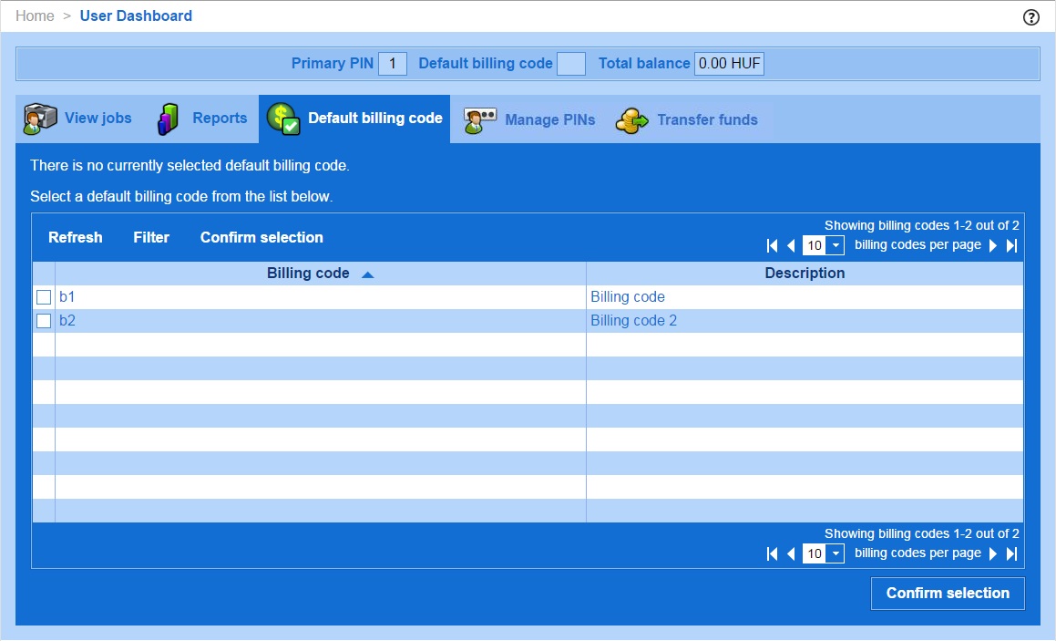 Default billing code page.