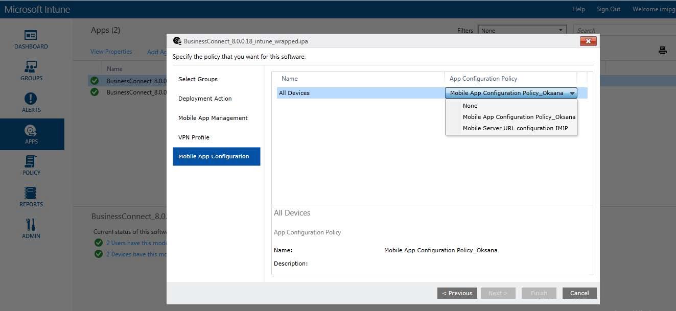 Intune mobile app configuration