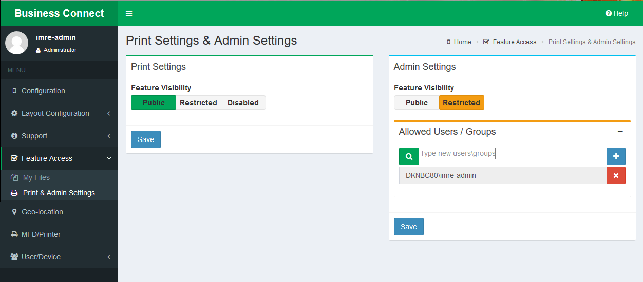 Print Settings and Admin Settings