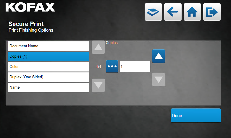 Secure Print - Print Finishing Options screen