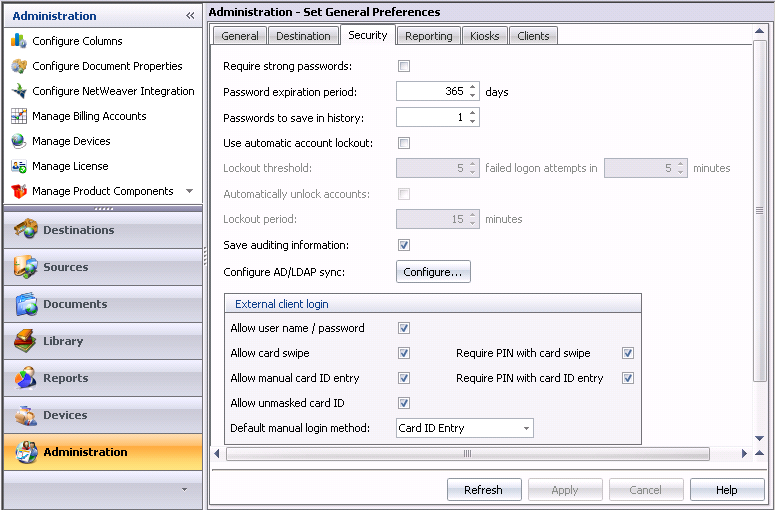 Administration - Security tab