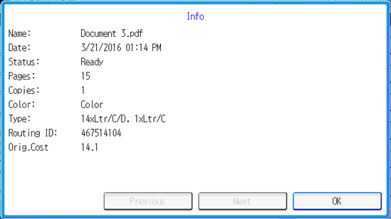 Equitrac document Info screen