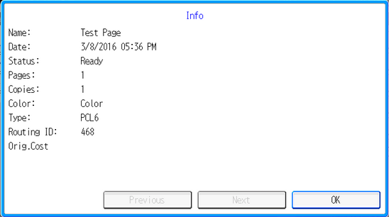 Output Manager document Info screen