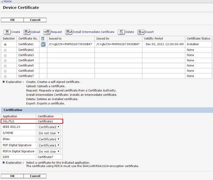 Device Certification page showing SSL/TLS certificate is selected