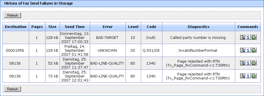 history of fax send failures in storage window