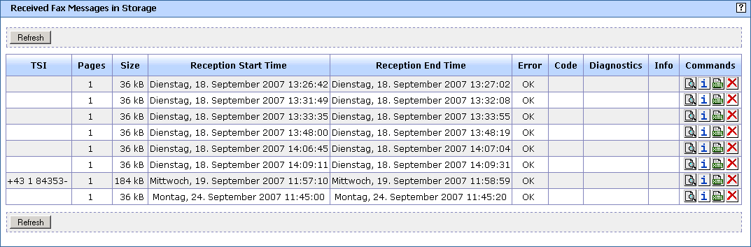 received fax messages in storage window received fax messages in storage window