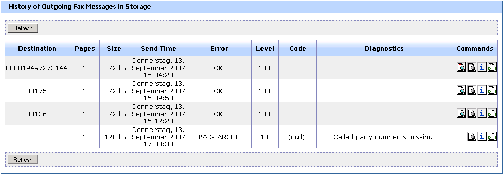history of received fax messages in storage window