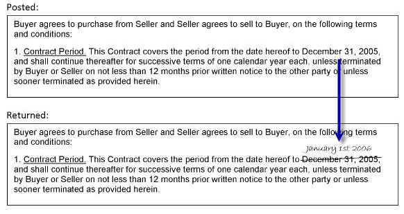 An image that shows the posted document with the contract date and the returned document with the date crossed out and another written by hand in its place.