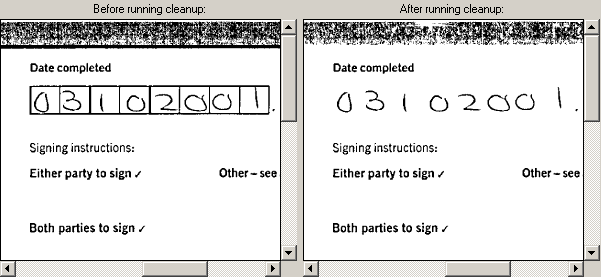 An image that shows an image before and after it is cleaned to remove the boxes around a field.