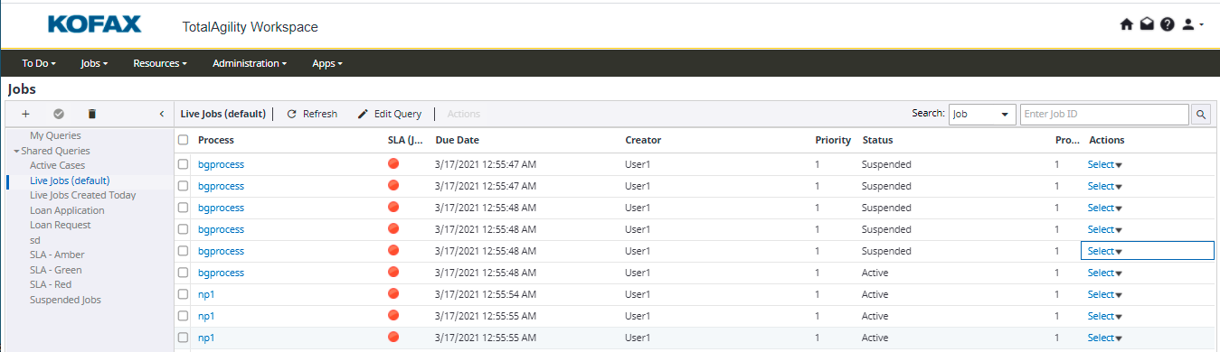 Workspace Job page displaying Live jobs list.
