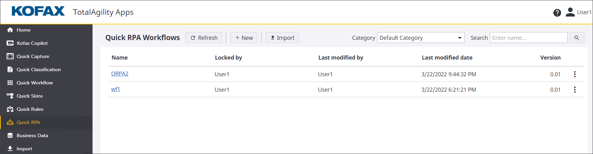 Quick Workflow Home page with existing data