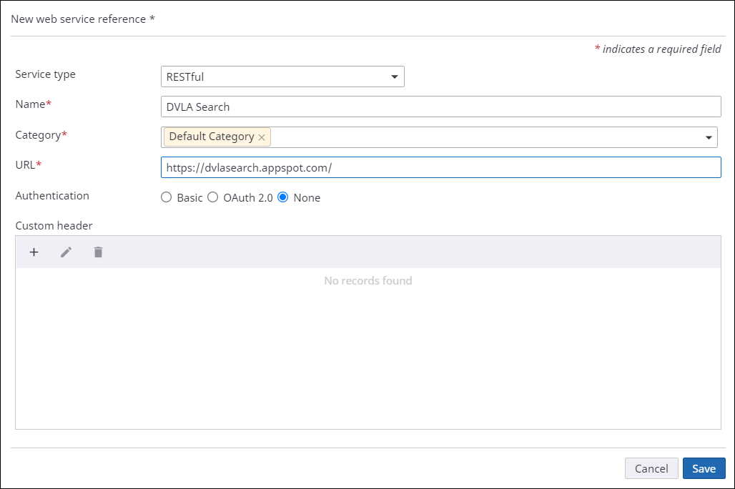 Web service reference dialog box