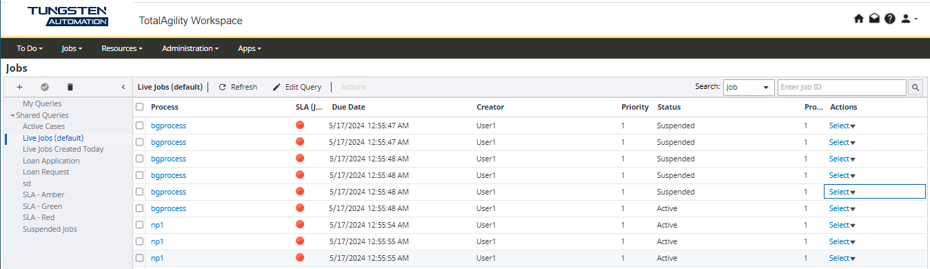 Workspace Job page displaying Live jobs list.