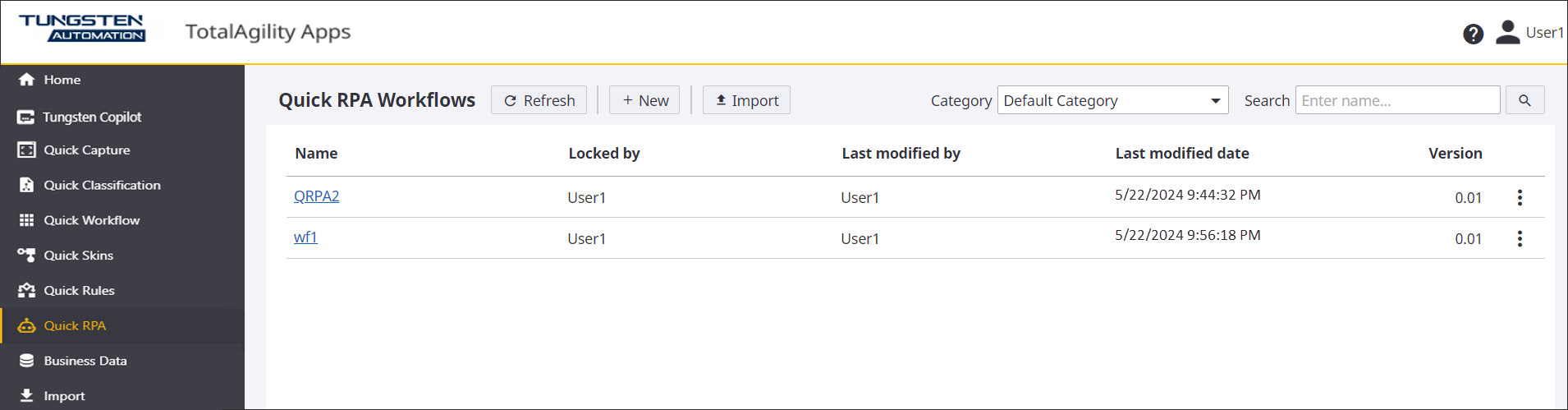 Quick Workflow Home page with existing data