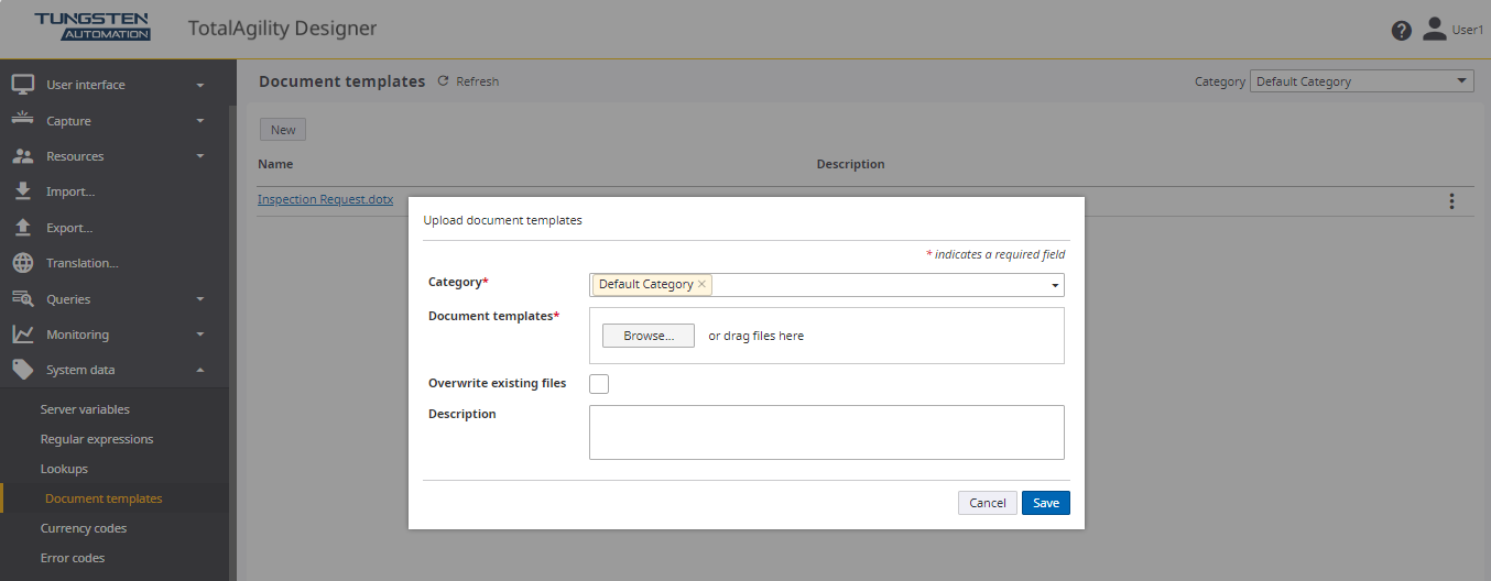Upload document templates dialog box