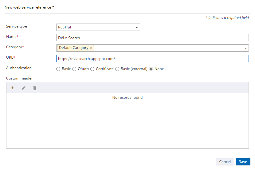 Web service reference dialog box