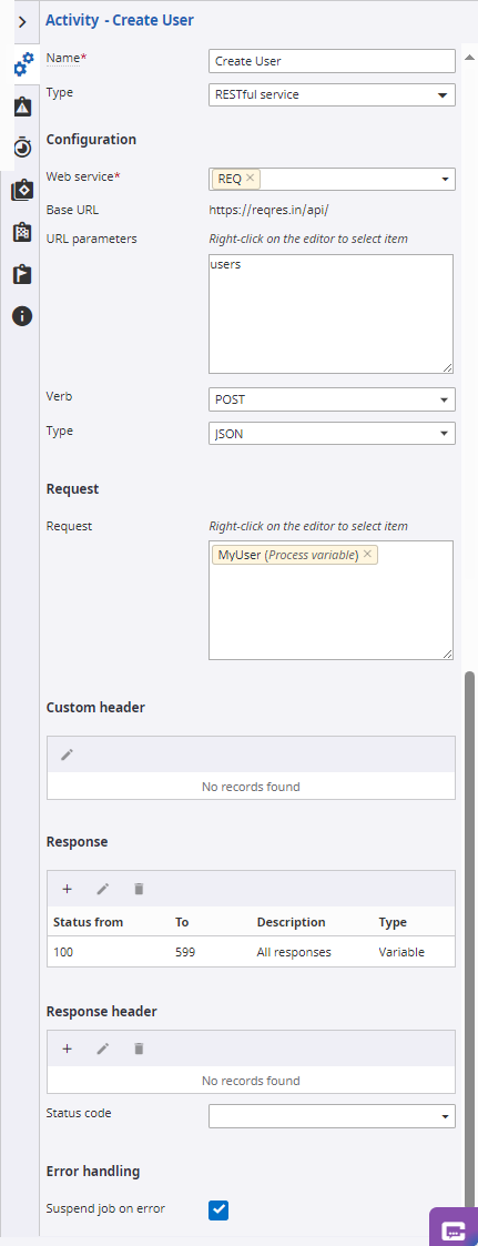 Restful service activity to create user