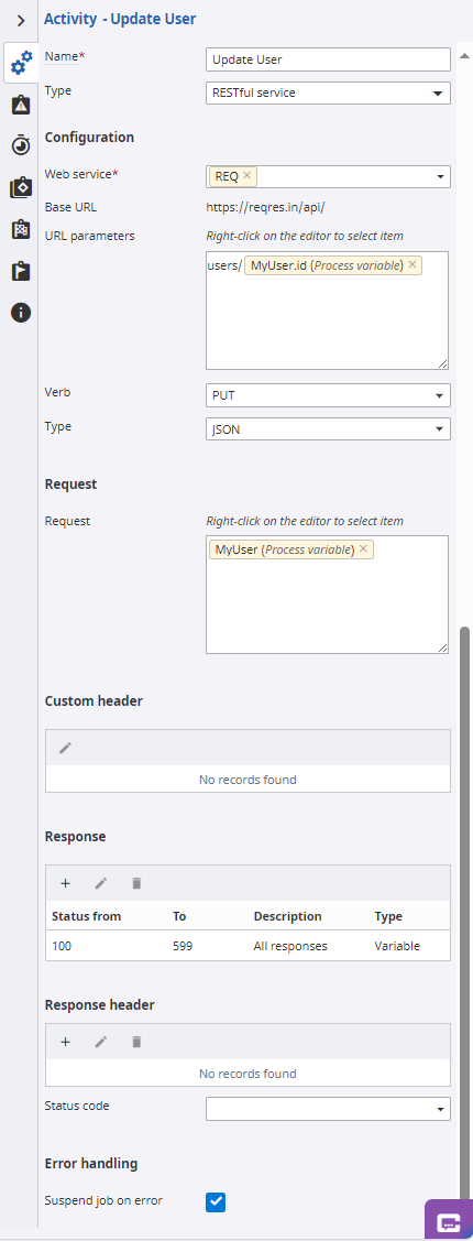 Restful service activity to update user