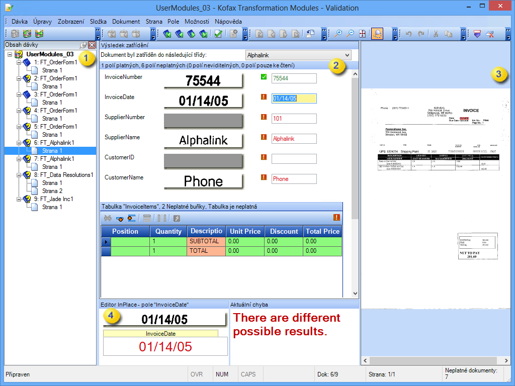 Obraz s rozhraním Kofax Transformation Modules -Validation.