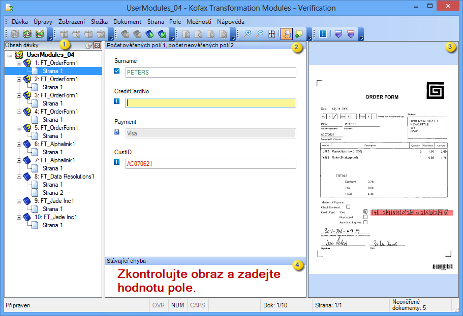 Obraz ukazující rozhraní Kofax Transformation Modules - Verification.