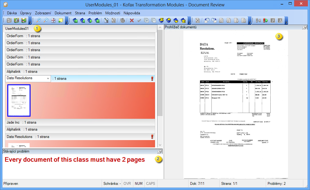 Obraz s příkladem počátečního zobrazení modulu Document Review.