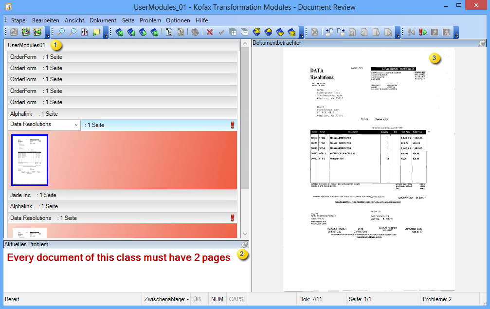 Eine Beispieldarstellung der Anfangsansicht von .Document Review