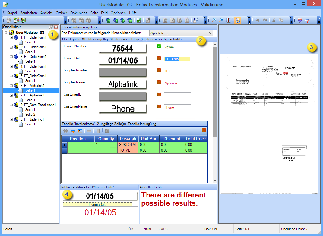 Eine Abbildung der Oberfläche.Kofax Transformation Modules - Validation
