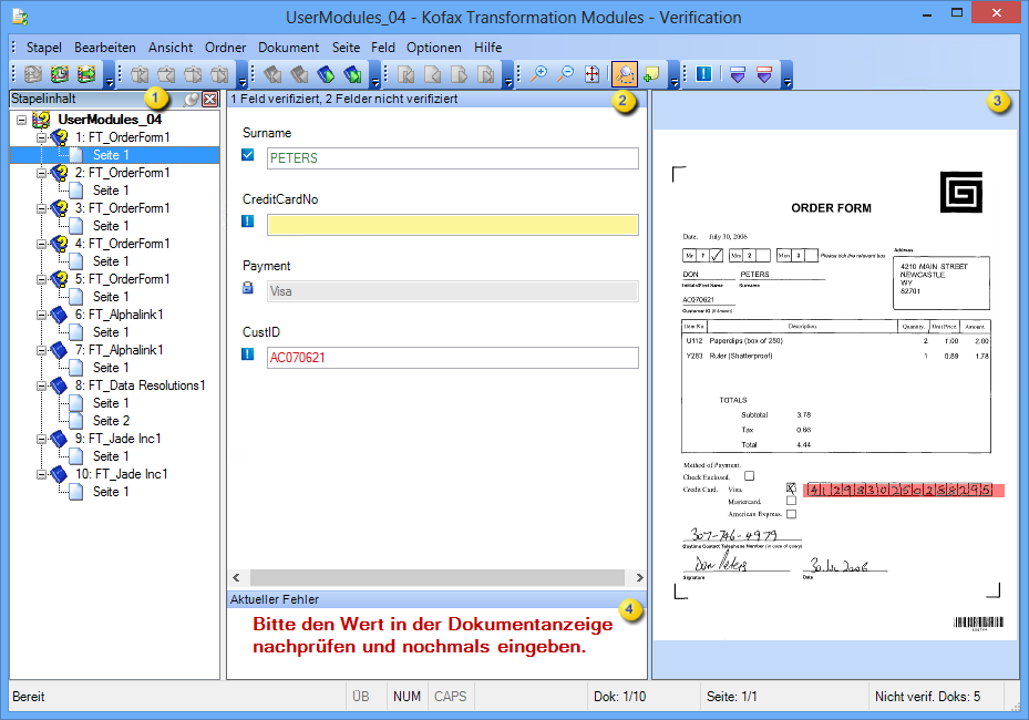 Eine Abbildung der Kofax Transformation Modules -Verification-Oberfläche.