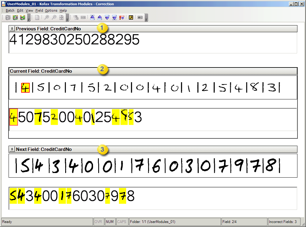 An image showing Kofax Transformation Modules - Correction interface.