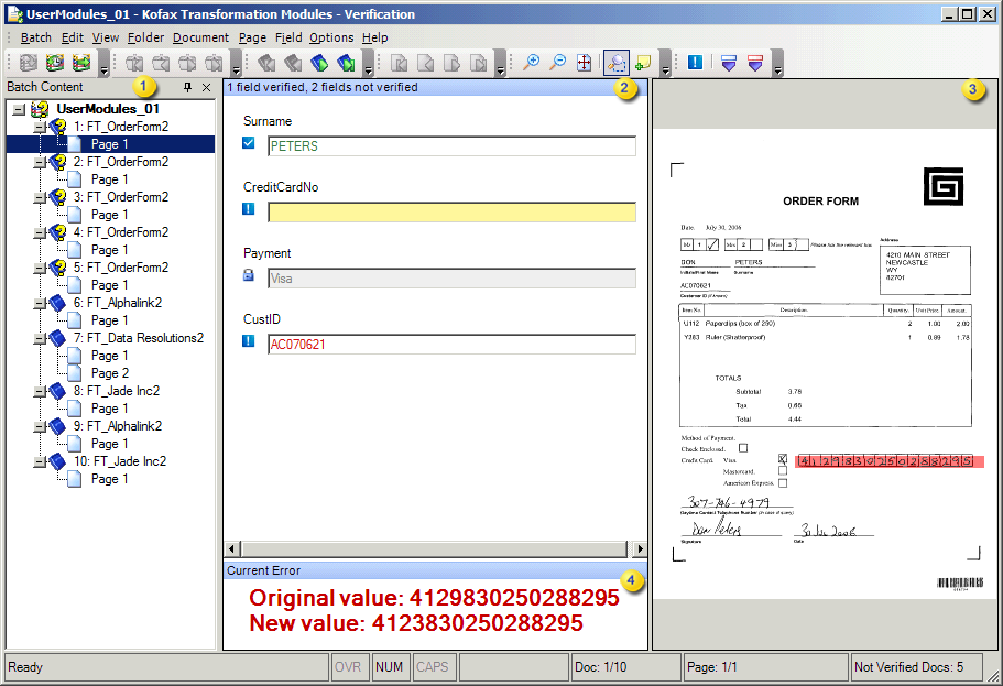 An image showing Kofax Transformation Modules - Verification interface.