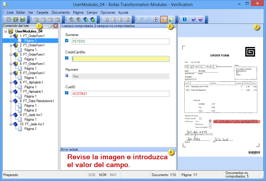 Imagen que muestra la interfaz de Kofax Transformation Modules - Verification.