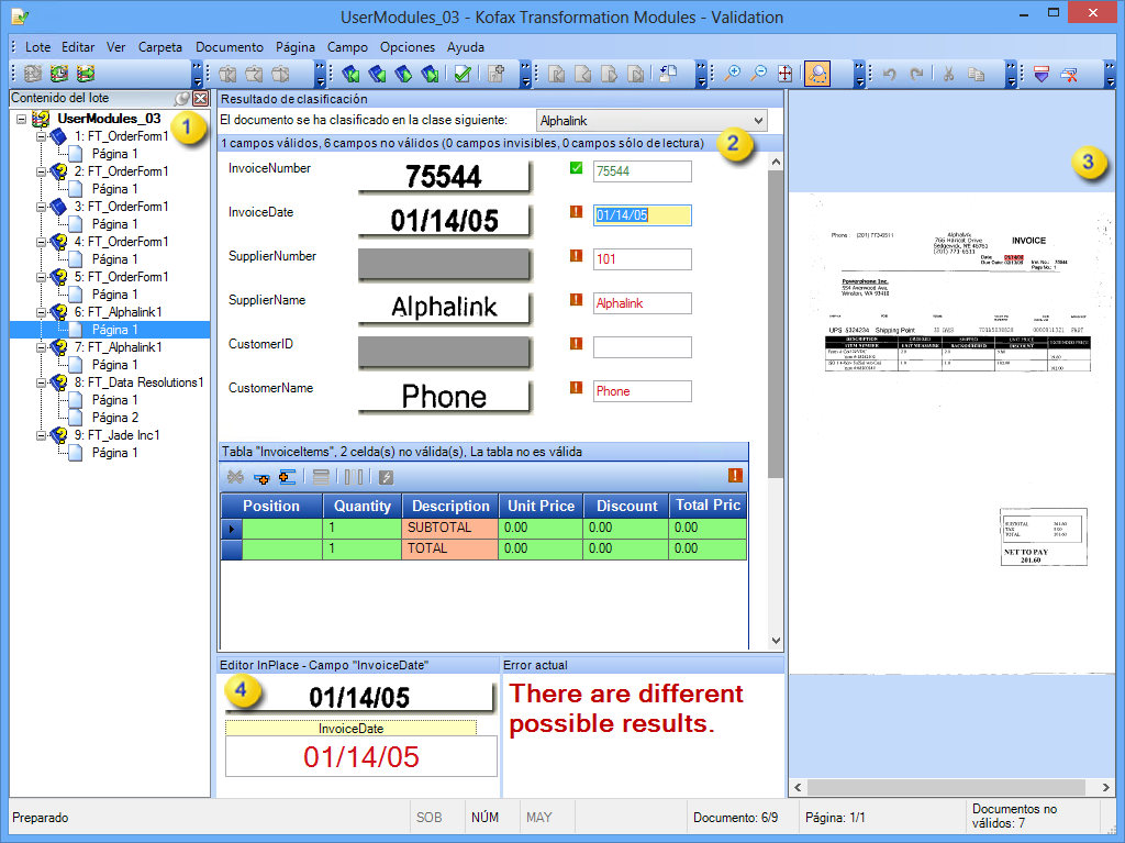 Imagen que muestra la interfaz.Kofax Transformation -Validation