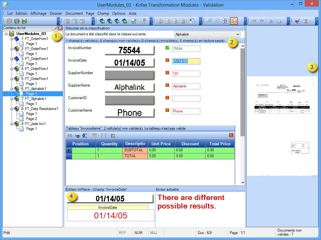 Image montrant l'interface.Kofax Transformation Modules -Validation