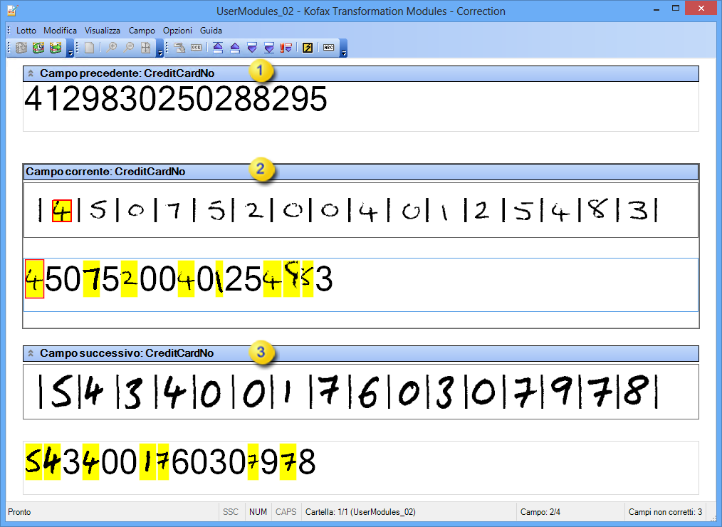 L’immagine mostra l’interfaccia di Kofax Transformation Modules - Correction.