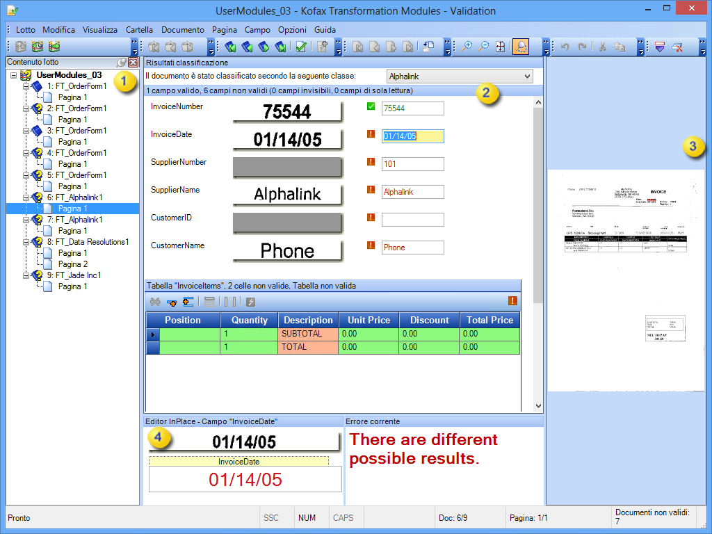 Immagine dell’interfaccia.Kofax Transformation -Validation