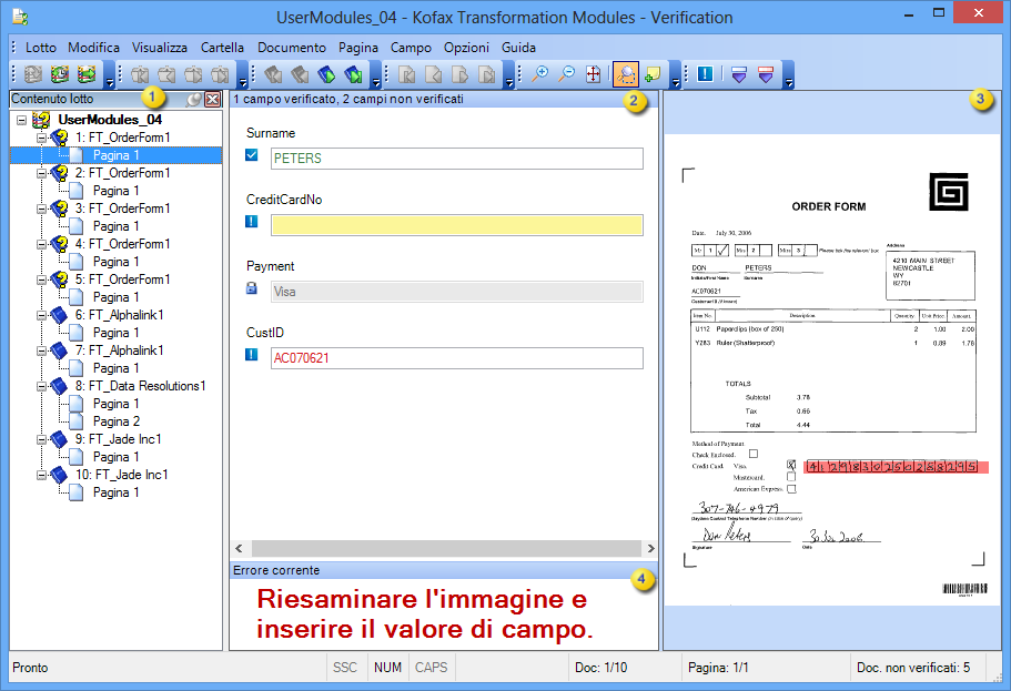 L’immagine mostra l’interfaccia di Kofax Transformation - Verification.