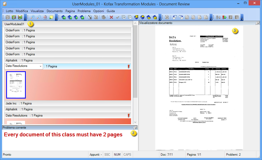 L'immagine mostra un esempio di visualizzazione iniziale di Document Review.
