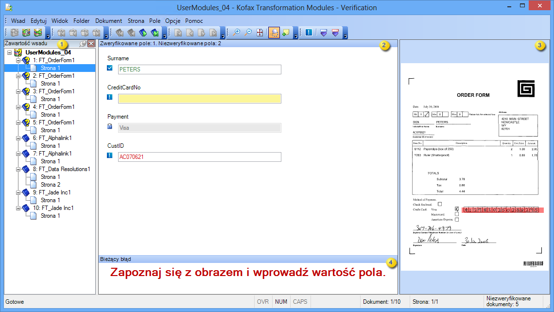 Obraz przedstawiający interfejs modułu Kofax Transformation Modules - Verification.