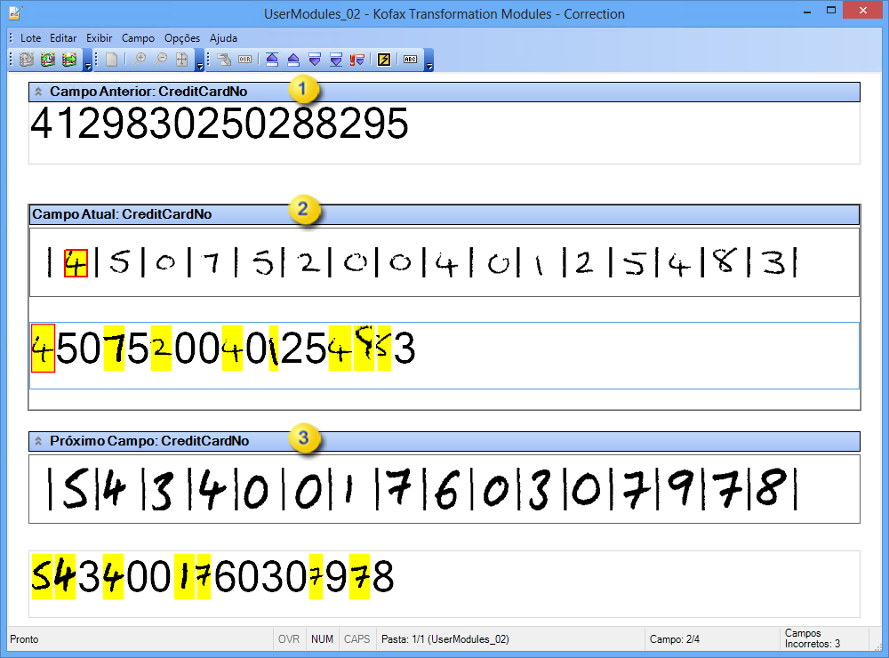 Uma imagem mostrando a interface do Kofax Transformation Modules - Correction.