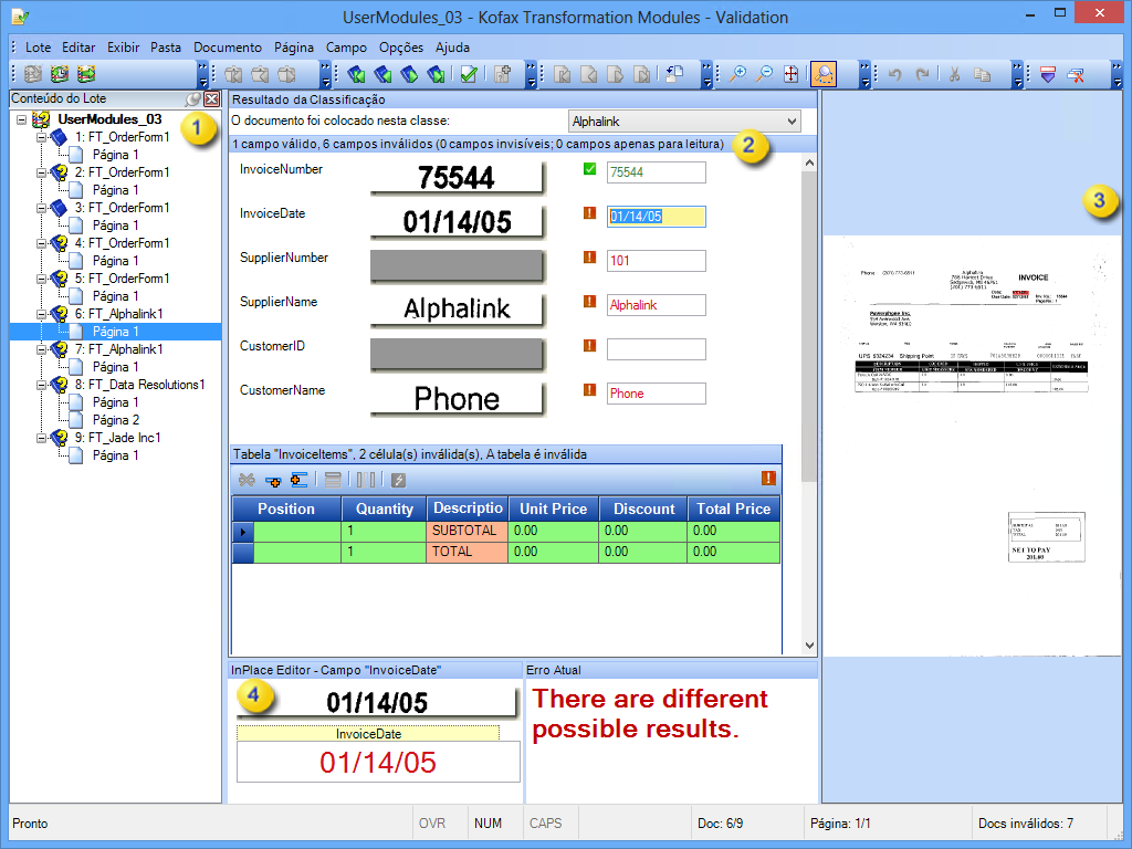 Uma imagem mostrando a interface.Kofax Transformation - Validation