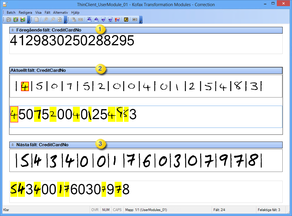 En bild som visar gränssnittet i Kofax Transformation - Correction.