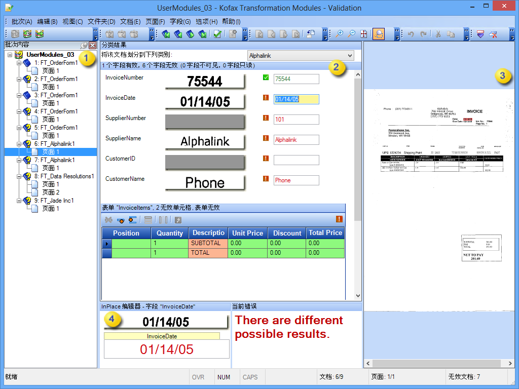 显示 Kofax Transformation -Validation 界面的图像。