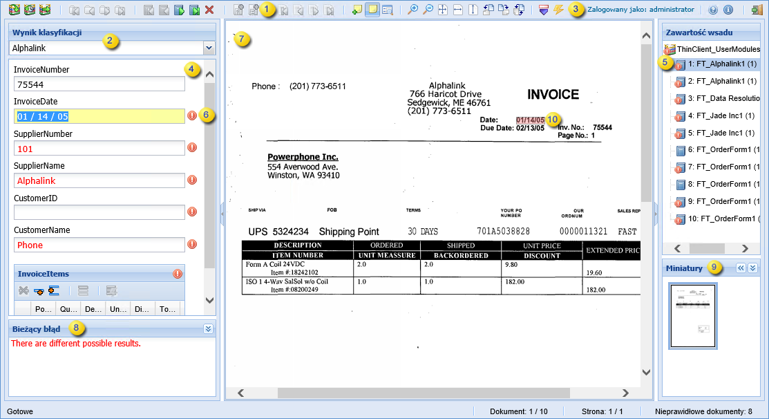Obraz przedstawiający pierwszy widok w interfejsie użytkownika.Thin Client Validation