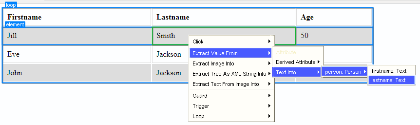 Inserting an action to a loop by right-clicking an element in the Automation Device View